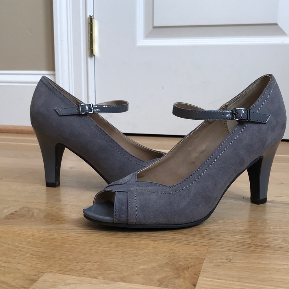 Grey Suede Peep Toe Heels